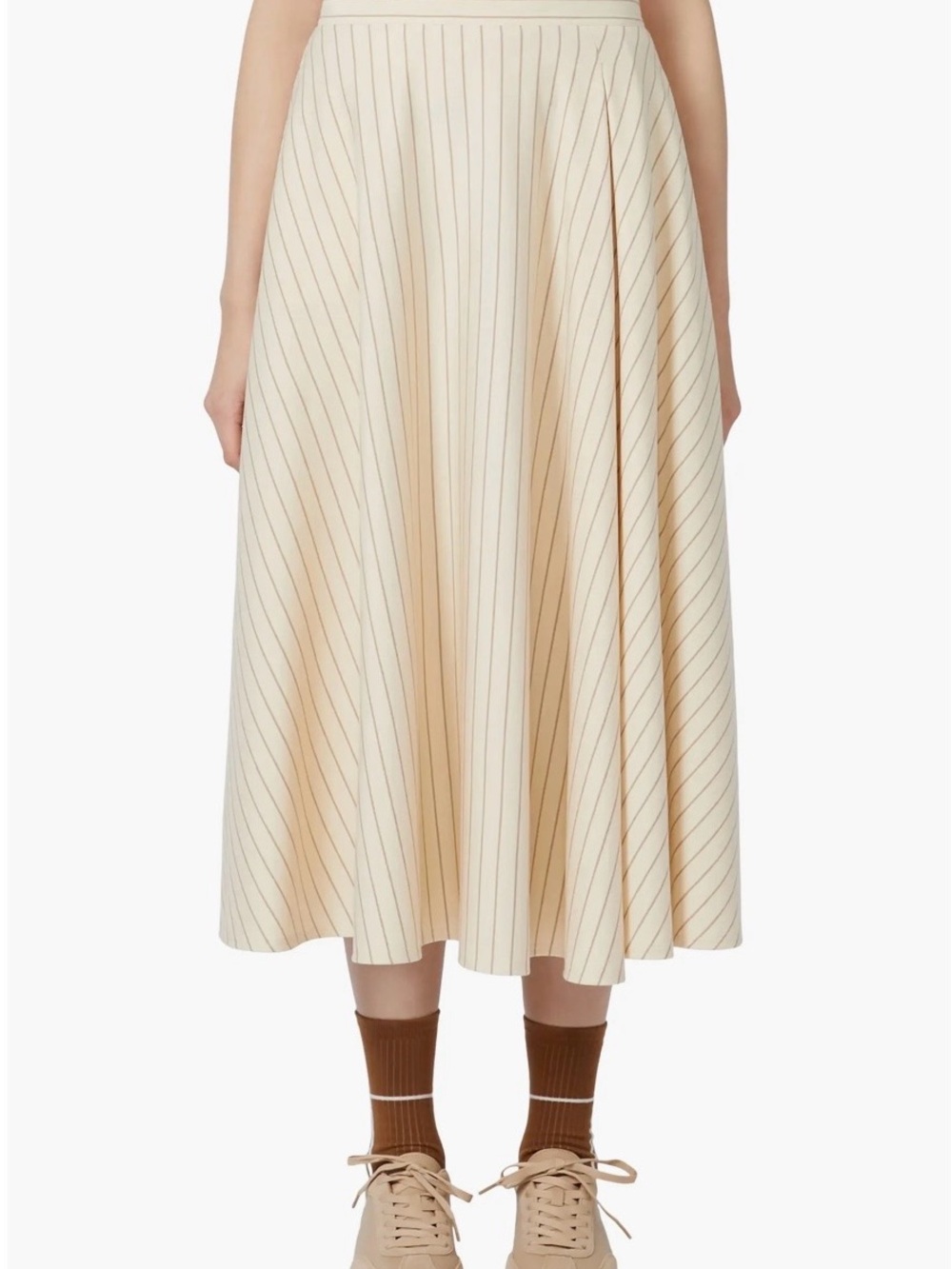 Cream Striped Pleated Midi Skirt - Women